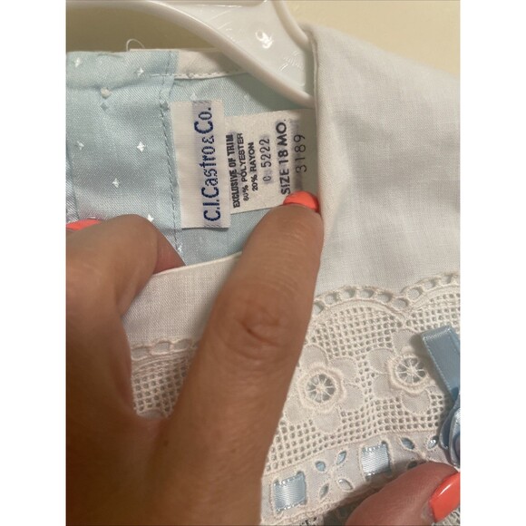 C.I. Castro & Co VTG Baby Girls Pinafore Style Blue Lace Dress Diaper Cover 18M - Picture 5 of 11